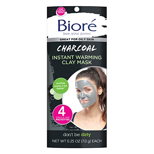 Bioré Charcoal Instantly Warming Clay Facial Mask for Oily Skin, with Natural Charcoal, Cleanse Clogged Pores, Dermatologist Tested, Non-Comedogenic, Oil Free,1 Pack (4 Count)