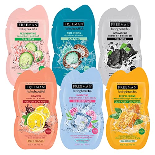 FREEMAN Facial Mask Variety Pack: Oil Absorbing and Anti Stress Clay, Detoxifying Charcoal Mud, Clearing Peel Off, Hydrating Gel Cream Beauty Face Masks, 6 count