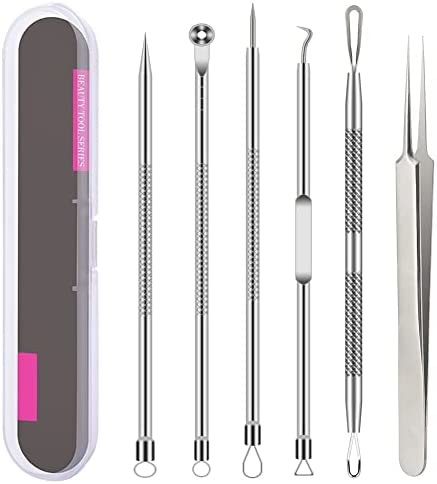 Pimple Popper Tool Kit , 6 Pcs Blackhead Remover Acne Needle Tools Set Removing Treatment Comedone Whitehead Popping Zit for Nose Face Skin Blemish Extractor Tool – Silver