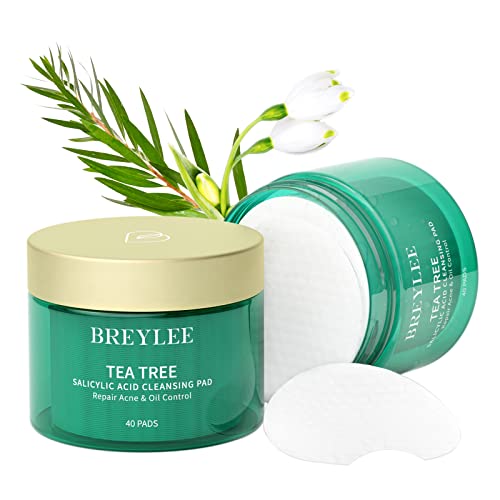 2% Salicylic Acid Acne Pimples Cleansing Pads, BREYLEE Tea Tree Oil Face Wipes, Dead Skin Remover, Spot Treatment, Facial Exfoliating, Daily Defense for Acne Prone Skin, Aloe Hyaluronic Acid, 40 Pads