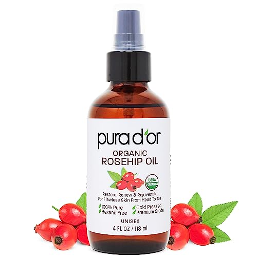 PURA D’OR Organic Rosehip Seed Oil,100% Pure Cold Pressed USDA Certified All Natural Moisturizer Facial Serum For Anti-Aging,Acne Scar Treatment,Gua Sha Massage,Face,Hair & Skin,Women & Men,4oz