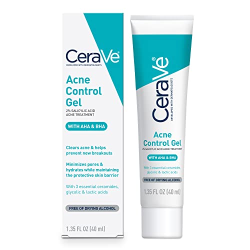 CeraVe Salicylic Acid Acne Treatment with Glycolic Acid and Lactic Acid | AHA/BHA Acne Gel for Face to Control and Clear Breakouts |1.35 Ounce