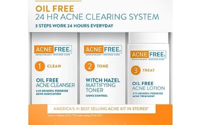 Acne Free 3 Step 24 Hour Acne Treatment Kit – Clearing System w Oil Free Acne Cleanser, Witch Hazel Toner, & Oil Free Acne Lotion – Acne Solution w/ Benzoyl Peroxide For Teens and Adults – Original