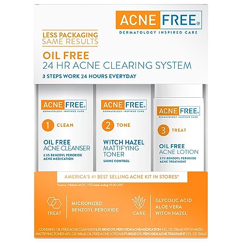 Acne Free 3 Step 24 Hour Acne Treatment Kit – Clearing System w Oil Free Acne Cleanser, Witch Hazel Toner, & Oil Free Acne Lotion – Acne Solution w/ Benzoyl Peroxide For Teens and Adults – Original
