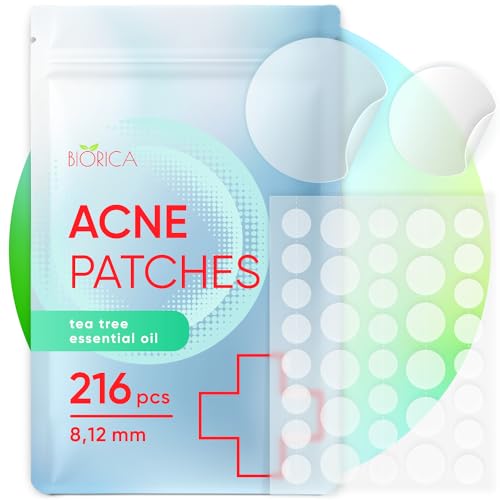 BIORICA Pimple Patches for Face with Tea Tree Oil. Hydrocolloid Acne Pimple Patches. Blemish Patches, Acne Dots, Pimple Stickers, Acne Patch and Pimple Patch. (216 Count (Pack of 1))