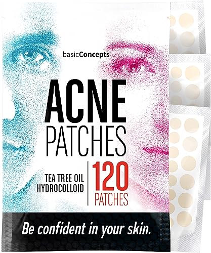 BASIC CONCEPTS Pimple Patches for Face (120 Pack), Hydrocolloid Patch with Tea Tree Oil – Pimple Patch Zit Patch and Pimple Stickers – Hydrocolloid Acne Patches for Face – Zit Patches -Blemish Patches