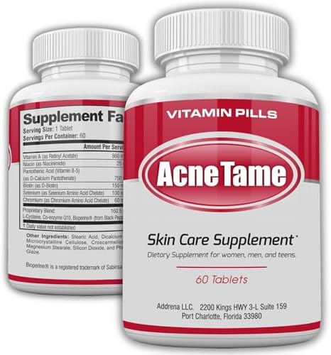 Acne Pills- Acne Tame Supplement- Clear Skin Vitamins Pill for Oily Skin Treatment, Hormonal Blemishes, Anti Spots & Cystic Acnes Supplements for Women, Men, Teens & Adults- 60 Oral Tablets