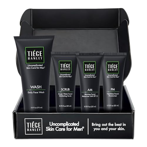 Tiege Hanley Mens Skin Care Set, Essential Skin Care Routine for Men (System Level 1) – Face Wash Kit for Fines Lines & Wrinkles – Men’s Skincare Set Includes Face Wash, Facial Scrub, & Moisturizer