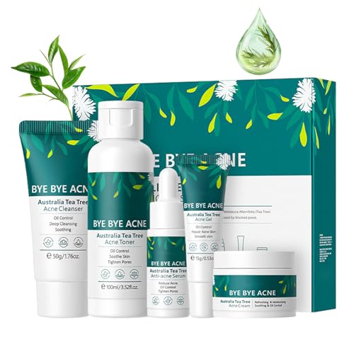 Acne Skin Care Set, Tea Tree Skin Care Routine Kit for Oily Skin, Deep Cleaning, Skin Care Gift Set with Cleanser, Toner, Serum, Face Cream, Gel Acne