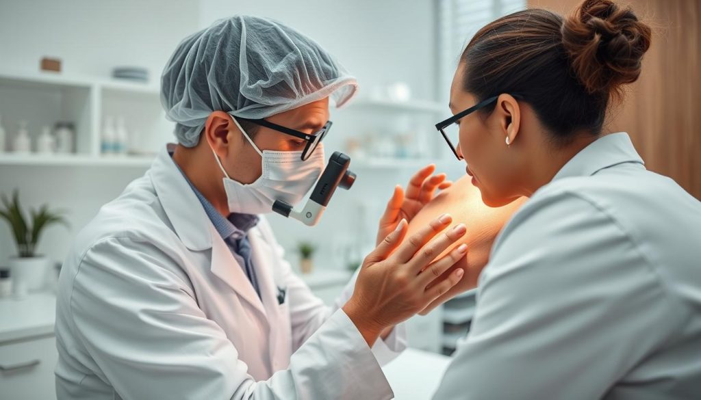 Dermatologist examining skin