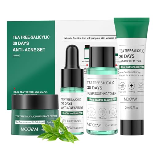 Tea Tree Acne Treatment Skin Care Kit – Salicylic Acid Skin Care Set – Acne Treatment for Face – Skin Care for Teens 10-12 – Salicylic Acid Serum,Clean Foam,Toner,Face Cream – Christmas Gifts Acne Kit