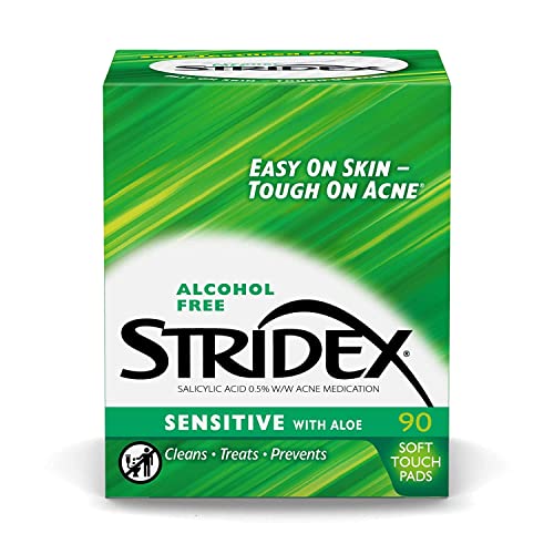 Stridex Medicated Acne Pads, Sensitive, 90 Count, Pack of 3 – Facial Cleansing Wipes, Alcohol-Free Face Pads, Acne Treatment for Face, For Mild to Moderate Acne, Smooth Application