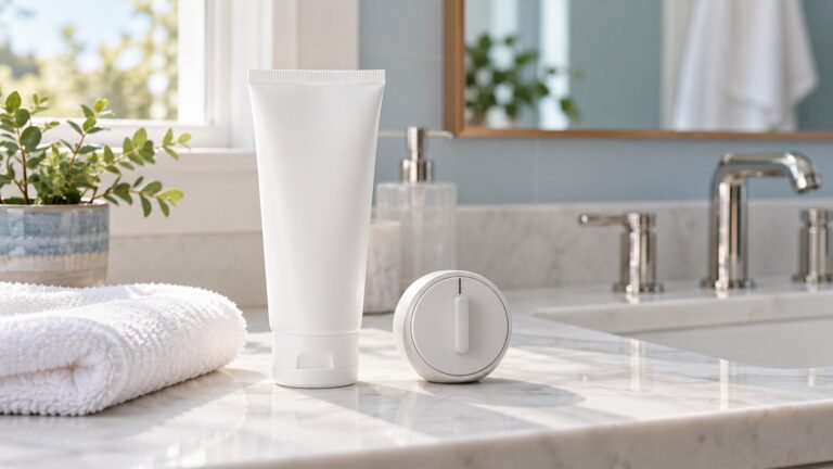 Cleanser tube, timer, and white towel illustrating benzoyl peroxide wash contact time