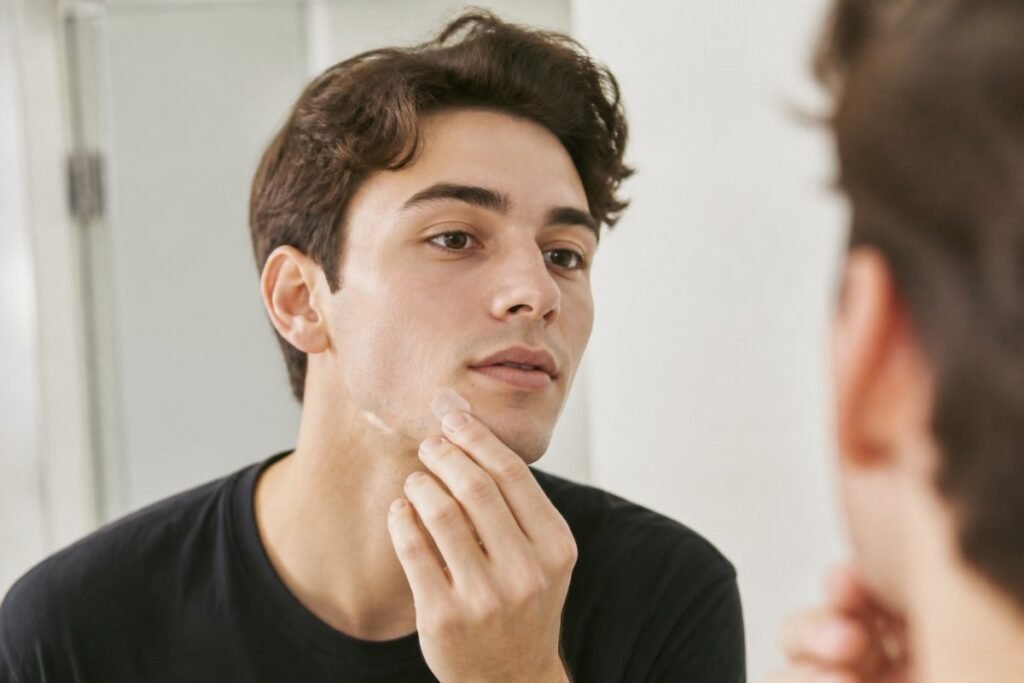 Young man checking a blemish on his chin in the mirror after removing a pimple patch
