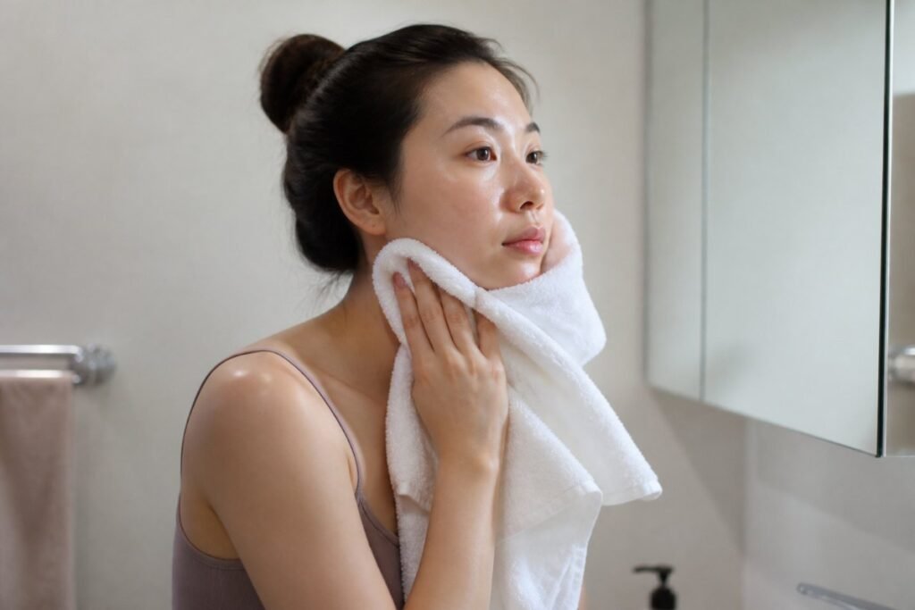 Woman patting her face dry with a towel before applying a pimple patch