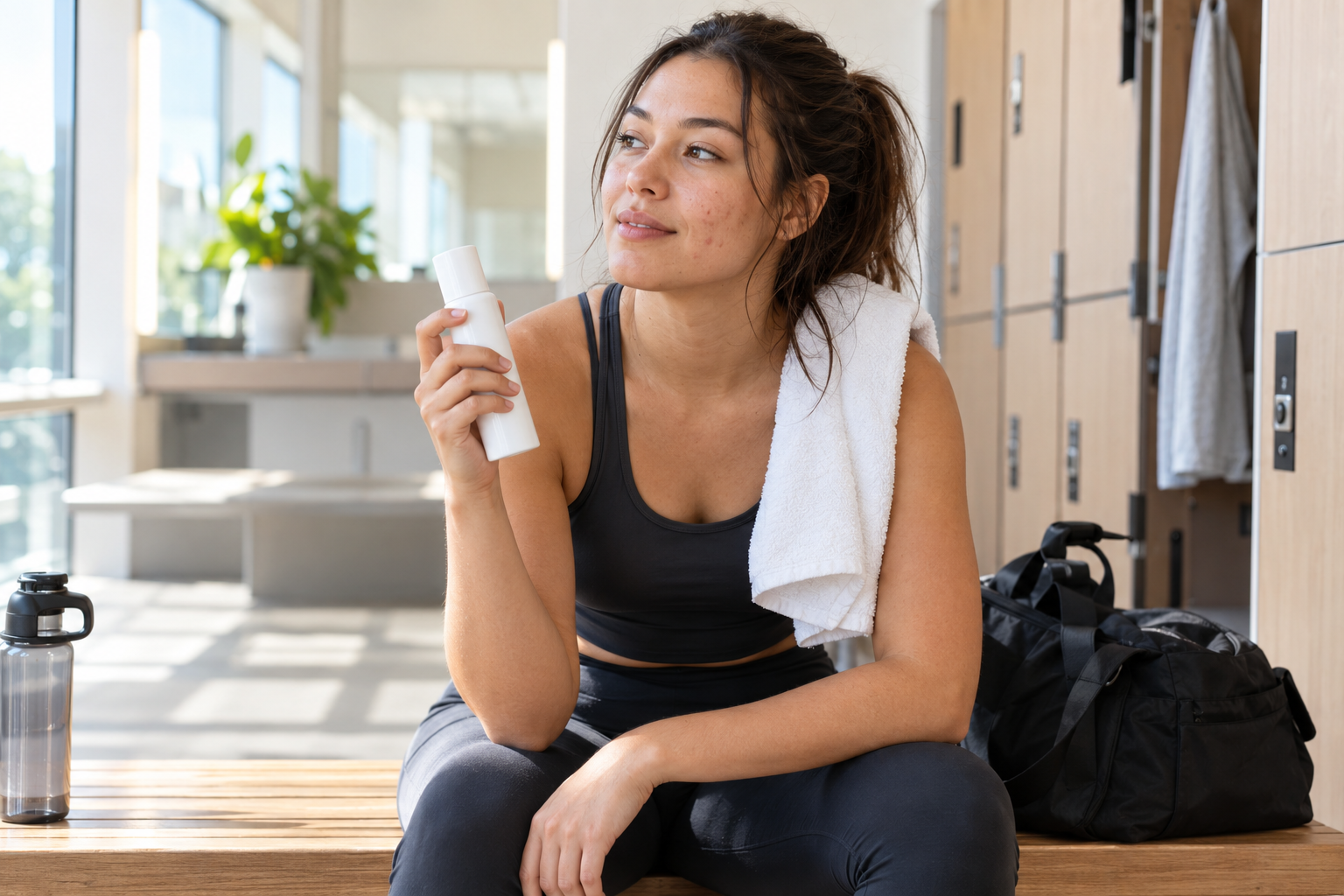 Woman holding a facial spray after a workout in a bright gym changing area
