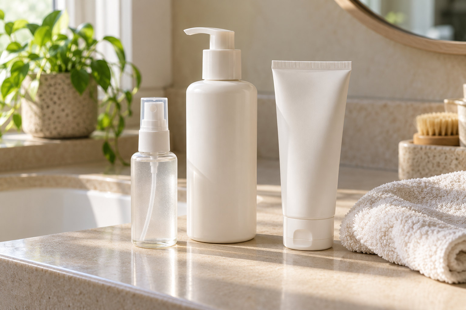 Unbranded facial spray, cleanser, and moisturizer on a bathroom counter