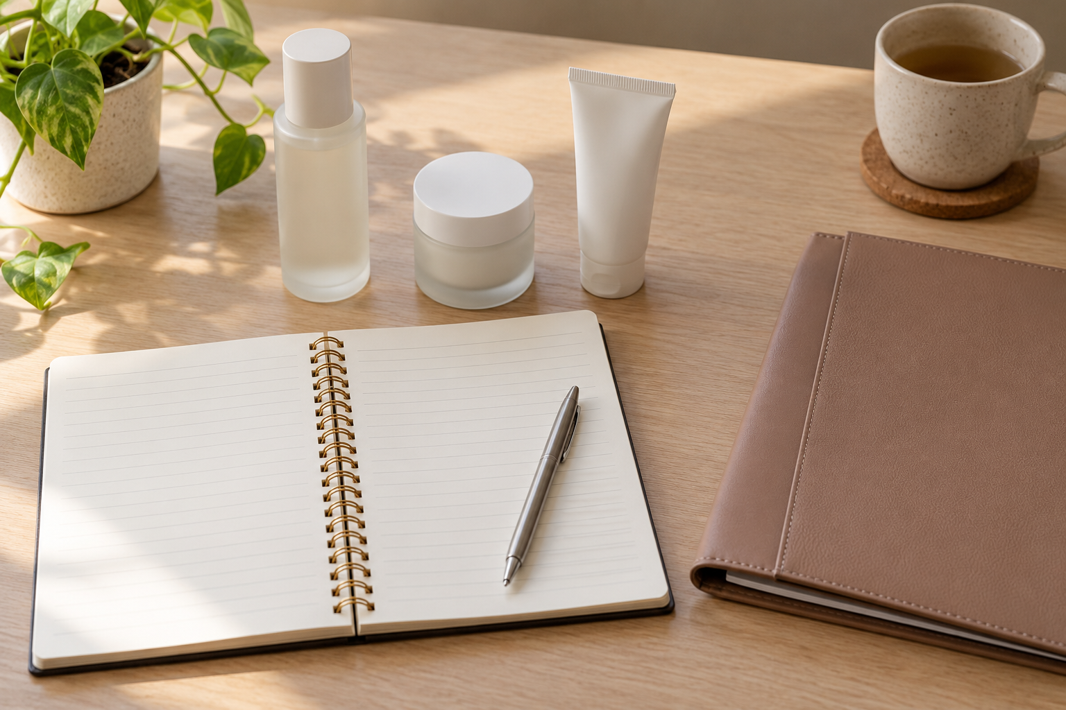Notebook beside unbranded skincare containers and an appointment folder
