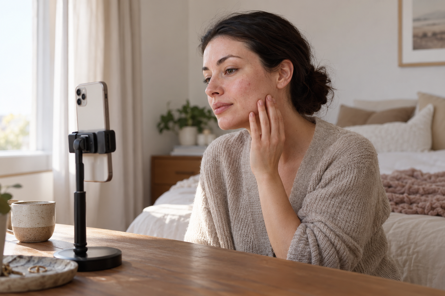 Adult facing a smartphone camera beside a window