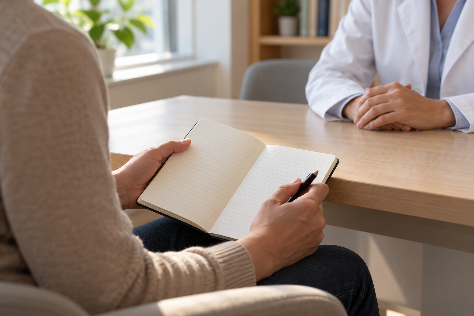 Patient holding a notebook and pen during a clinic discussion