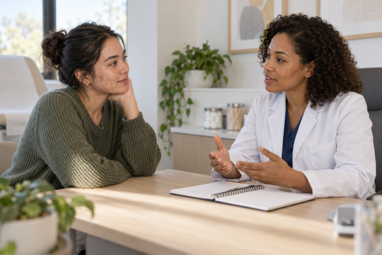 Illustrative scene of a patient discussing acne with a clinician