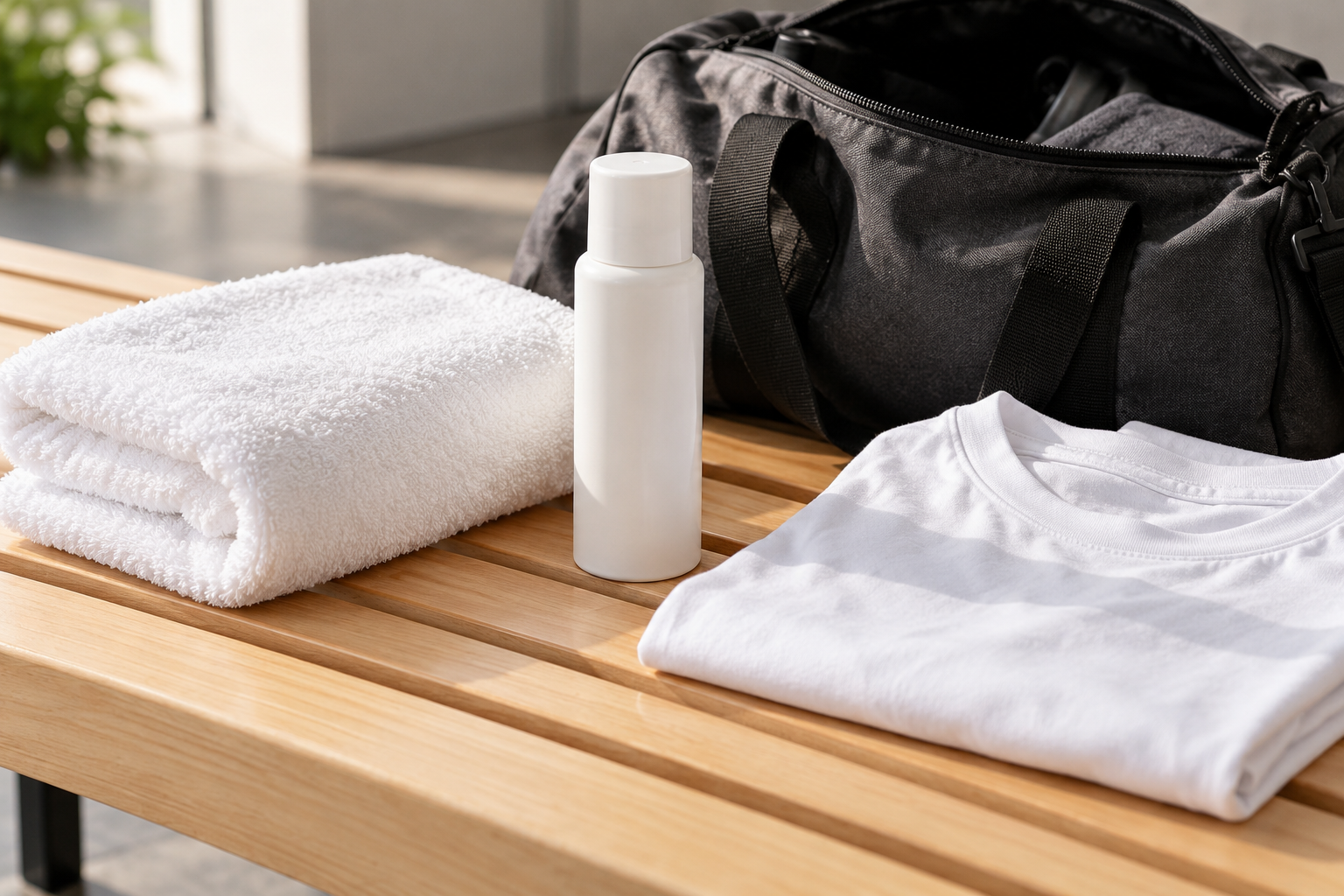 Gym bag essentials for using hypochlorous acid spray after workouts: a spray bottle, clean towel, and fresh shirt