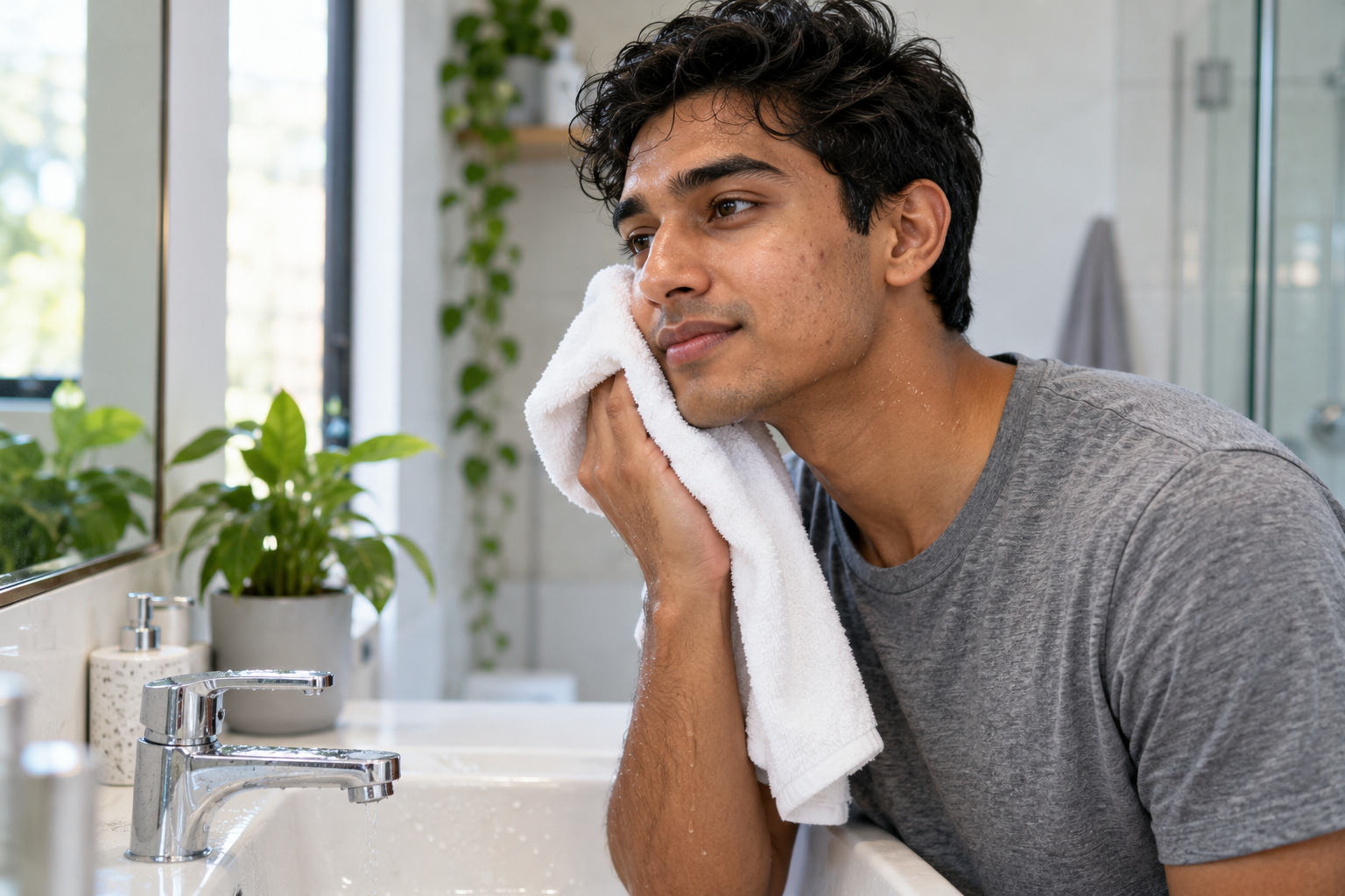 Man gently patting his face dry with a soft towel after washing