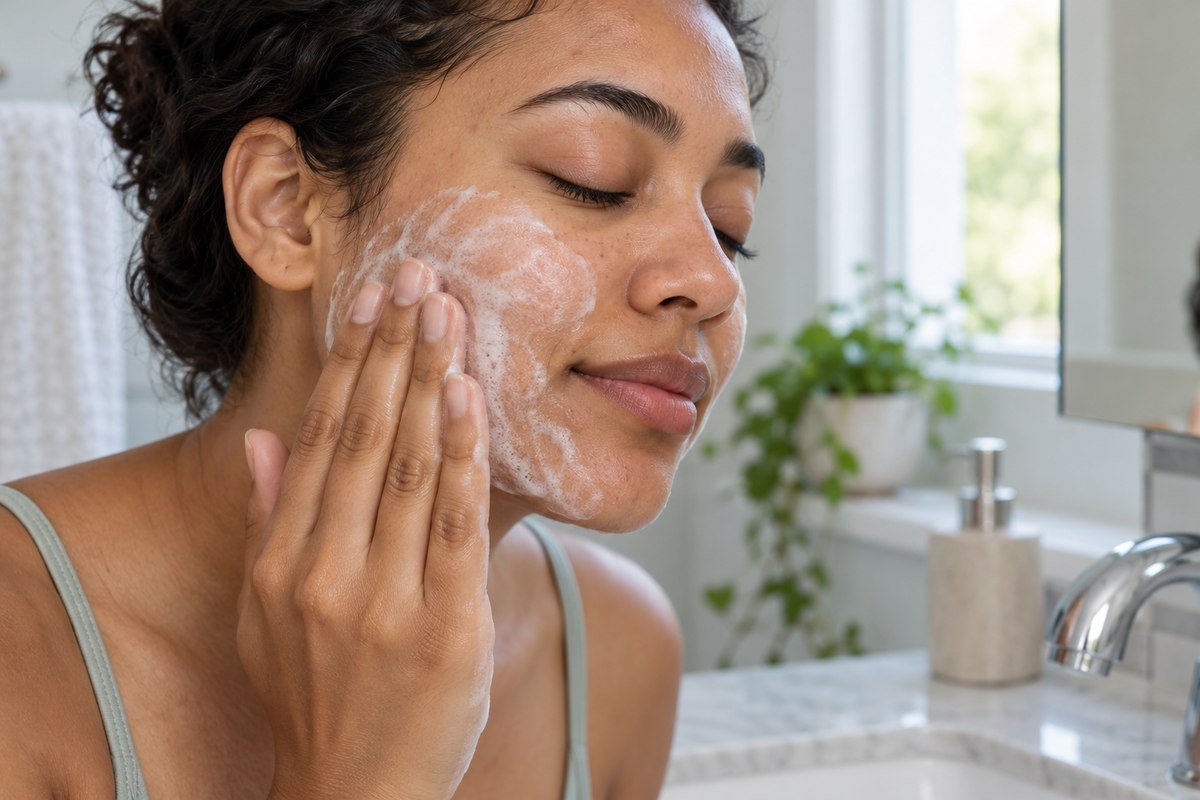 Adult gently applying cleanser during a benzoyl peroxide wash contact time routine