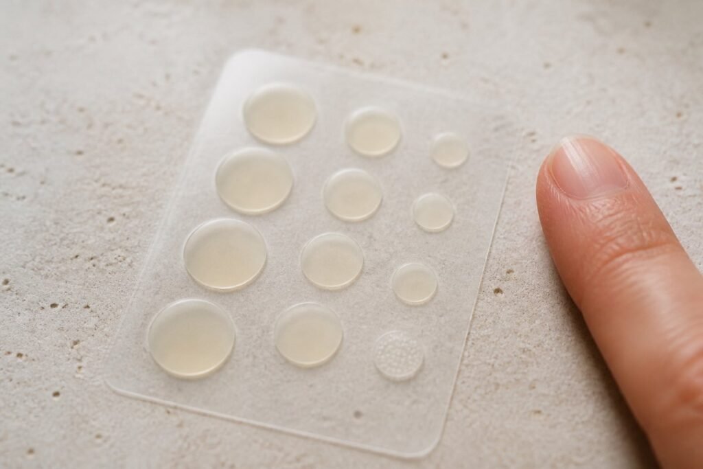 Sheet of hydrocolloid pimple patches in three sizes next to a fingertip