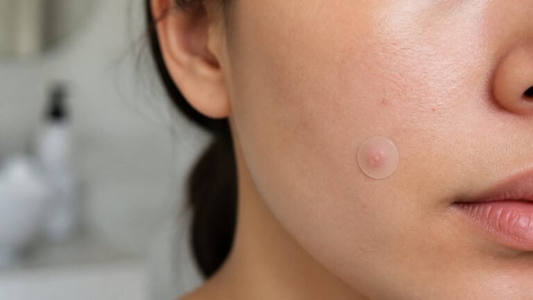 Clear round pimple patch on a woman's cheek covering a blemish