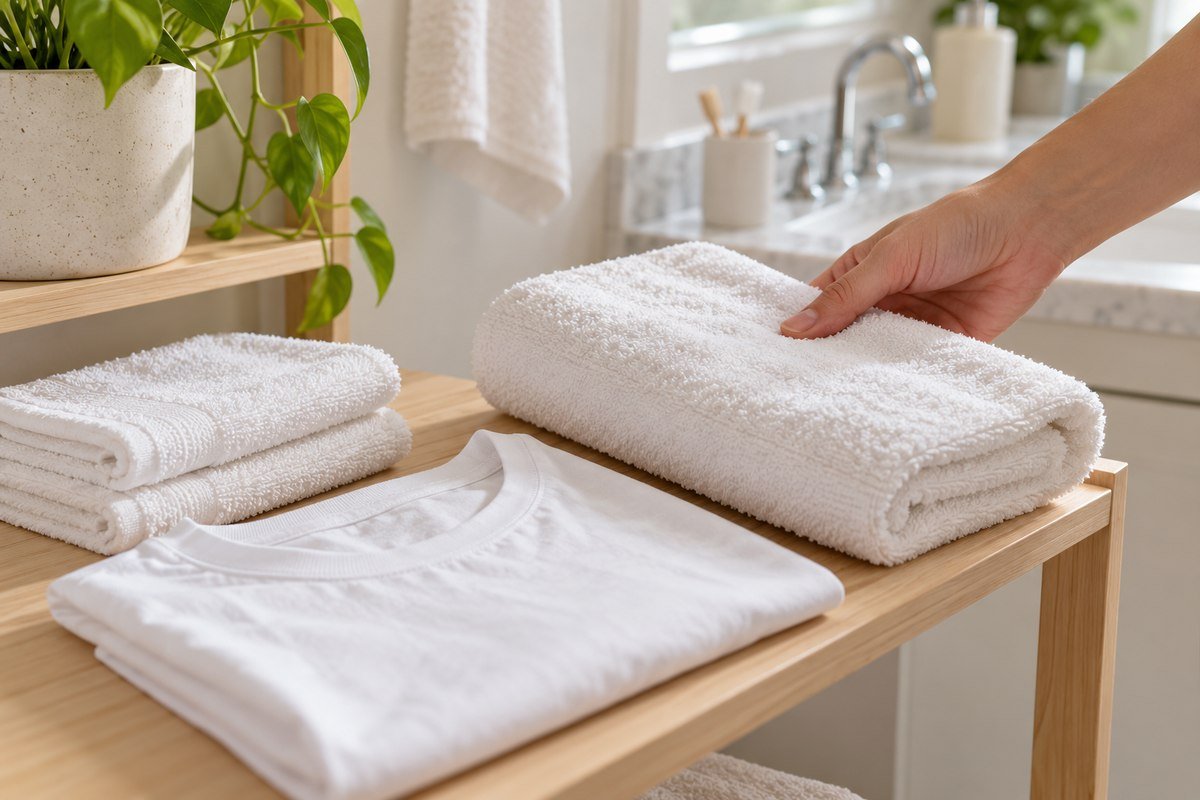 White towel and cotton shirt for fabric care during a benzoyl peroxide wash contact time routine